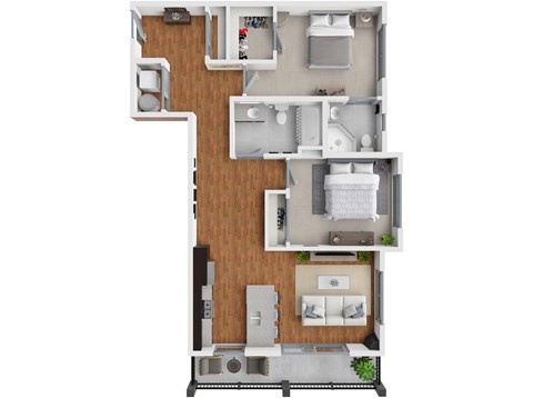 A floor plan of a small apartment with a kitchen, living room, and bathroom.